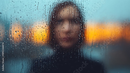 A soft-focus portrait of a person behind a rain-drenched window, creating a moody atmosphere with blurred details and warm background lighting.