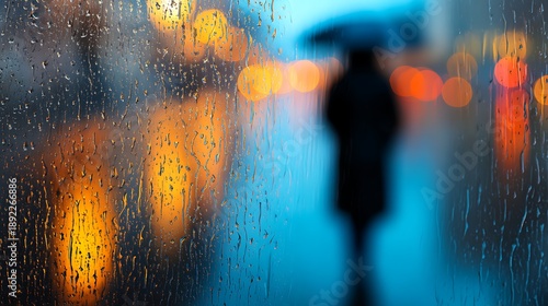 A blurred silhouette of a person holding an umbrella is seen through a rain-soaked window, with colorful bokeh lights in the background creating a moody atmosphere.