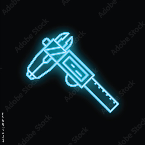 Glowing neon line vernier caliper icon isolated on black background. Repair tool sign. Vector illustration