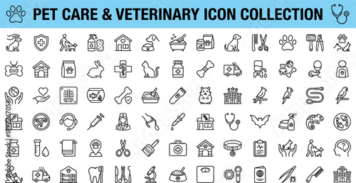 Collection of veterinary and pet care line icons representing animal health services and medical supplies