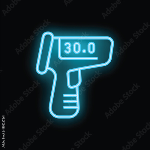 Glowing blue neon sign of a digital medical thermometer displaying a normal temperature reading of 30 degrees celsius