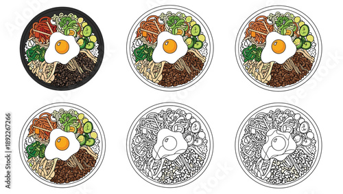 Collection of six bowls of traditional korean bibimbap with rice, vegetables, meat, and a fried egg in various illustration styles.