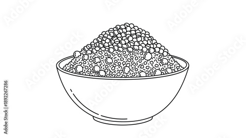 Detailed black and white line art illustration of a simple bowl filled with a large mound of small round grains or caviar.
