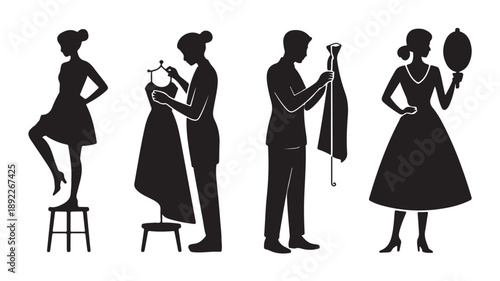 Black Silhouettes Of People Trying On Clothes And Accessories Vector Illustration For Fashion Marketing