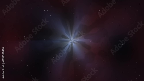 Dark cosmic background with a bright blue starburst at the center, surrounded by hazy nebulae aloft