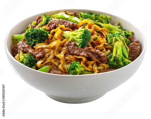 Bowl of noodles, beef, and broccoli in a white bowl, centered view