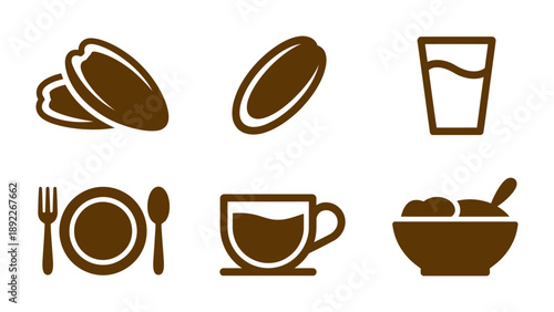 Food and Drink Icon Set: An assortment of food and drink icons, a visually appealing representation of everyday essentials: plates, water glasses, coffee cups and food.