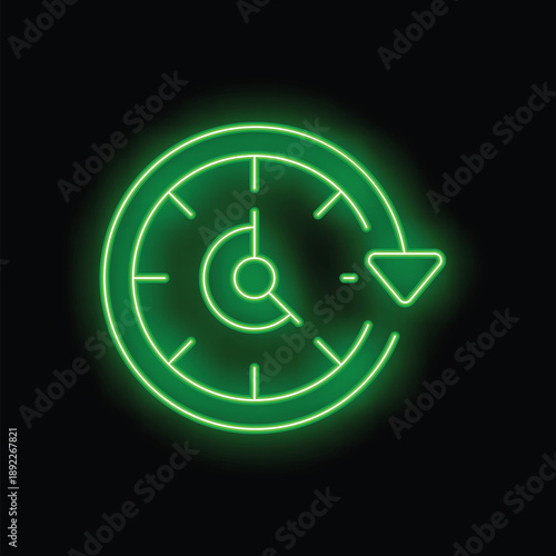 Green neon clock is showing time going backwards with glowing arrow on black wall