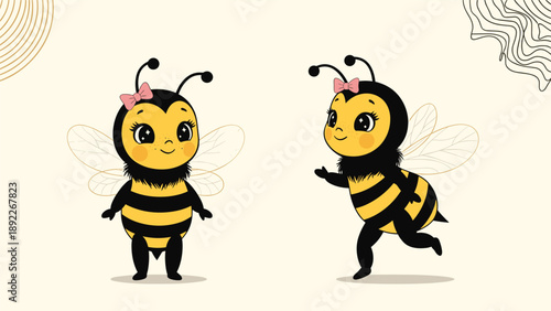 Two adorable cartoon honeybees with pink bows, one standing still and the other running happily in a playful and bright illustration.