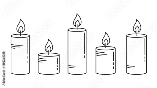 Minimalist line art depicts five candles of varying heights with simple flames, ideal for spa, wellness, or memorial themed decorations.