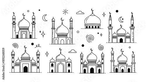 Islamic Mosque Doodles: An artistic array of mosque illustrations, each with unique architectural details and subtle cultural symbolisms, perfect for design and decoration.