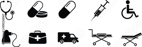 Simple black and white medical icons including stethoscope, ambulance, and first aid kit