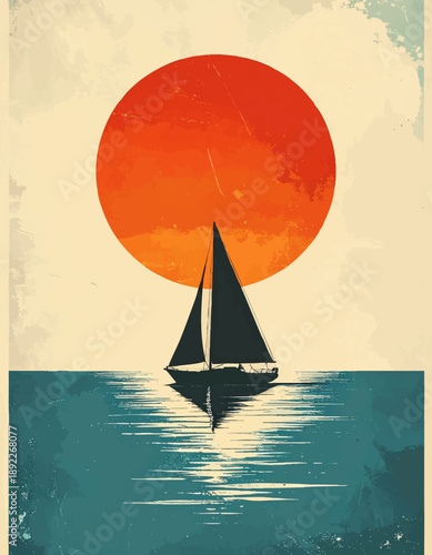Sailboat sailing red sunset ocean minimalist poster