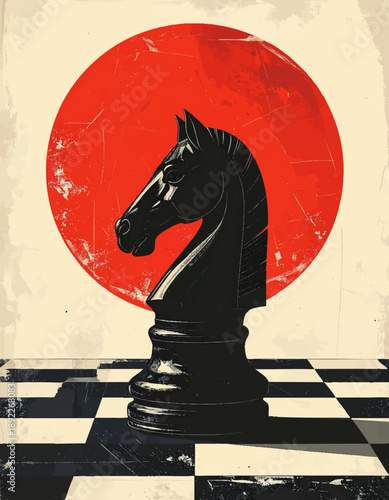 Chess knight silhouette red sun noble stance