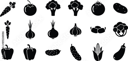A comprehensive set of black silhouette icons representing common vegetables and healthy food items