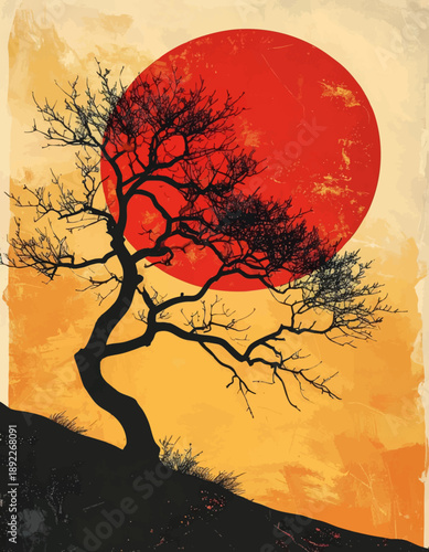 Dead tree silhouette blazing red sun warm glow