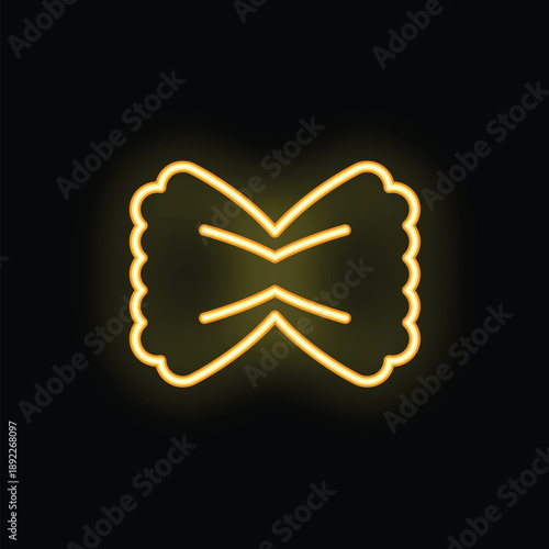 Bright yellow neon sign depicting a single piece of farfalle pasta glowing on a black background
