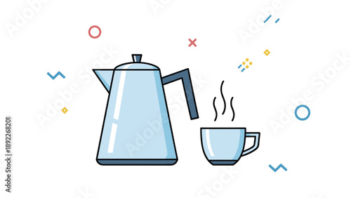 Modern flat line illustration shows a classic coffee percolator pouring a hot steaming beverage into a matching blue ceramic coffee mug.