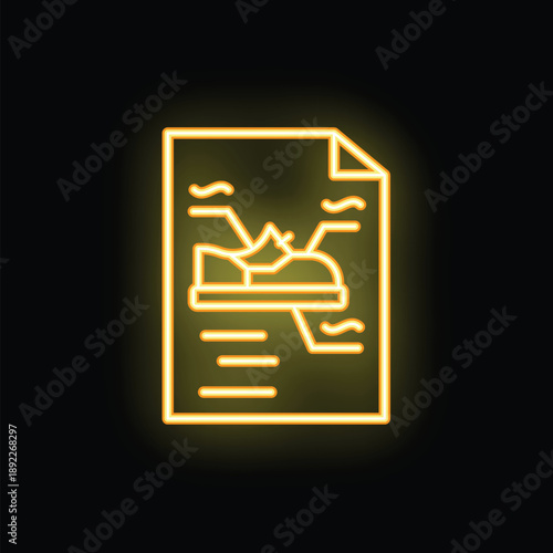 Yellow glowing neon sign representing an orthopedic insole for supporting feet, on a black background