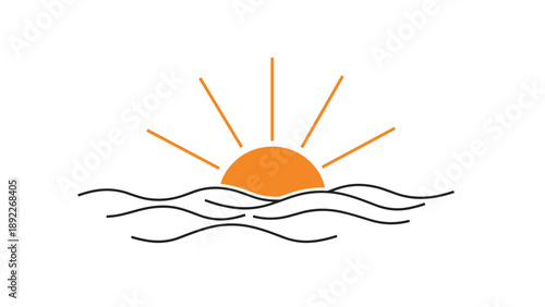 Simple minimalist illustration depicts an orange sun rising over stylized blue ocean waves, representing a peaceful morning or sunset.