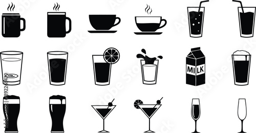 Vector set of various drink icons including hot coffee, cold juice, beer, and cocktails