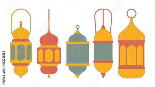 Radiant Lanterns: A set of five ornate lanterns, each unique in design and color, cast a warm glow, embodying the spirit of celebration and heritage.