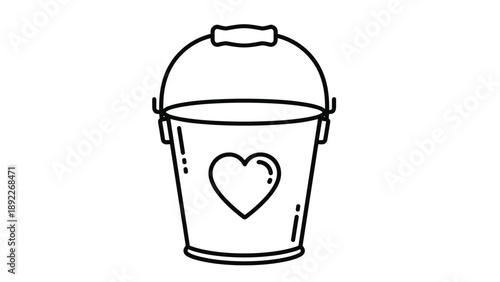 Clean black and white line art of a metal bucket featuring a heart symbol, suitable for home, garden, or romantic themed illustrations.