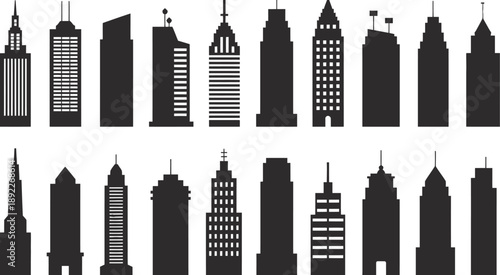 Minimalist black silhouette city skyline with skyscraper towers and urban architecture icons, vector set for modern design and creative projects