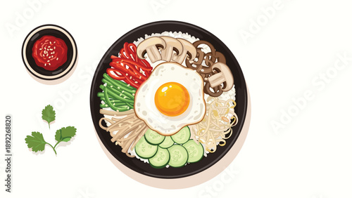 Top-down illustration of a traditional Korean bibimbap bowl features colorful vegetables, mushrooms, and a sunny-side-up fried egg.