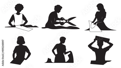 Vector Illustration Of Silhouette People Working With Large Sheets Of Paper On Floor For Creative And Design Concepts