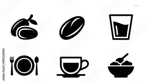 Healthy Delights: Black icons of wholesome nourishment, showcasing the simple elegance of organic delights. Featuring fresh fruits, grains, beverages, and cutlery.