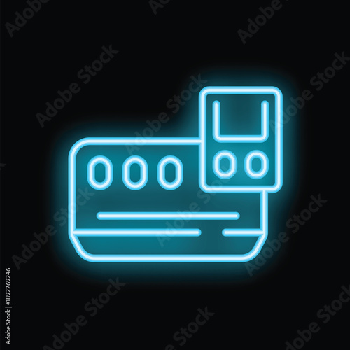 Neon icon of a credit card being inserted into a pos terminal for payment