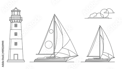 Nautical themed line art features a tall lighthouse alongside two sailboats of different sizes on a calm sea for maritime design projects.