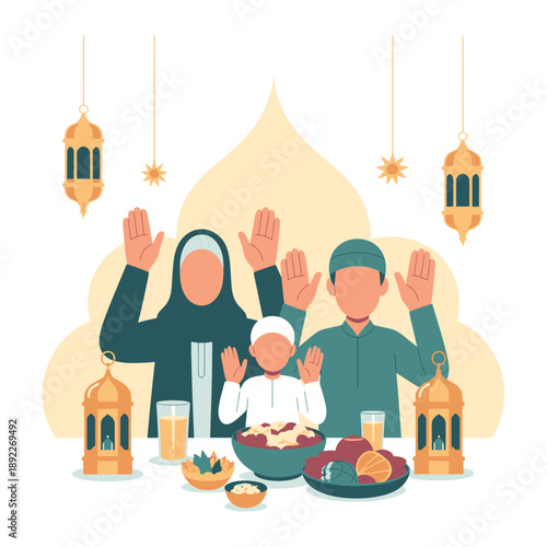 Family Prayer and Celebration: A Muslim family, united in faith, offers prayers with raised hands at a festive table adorned with traditional lanterns and a delightful array of dishes.
