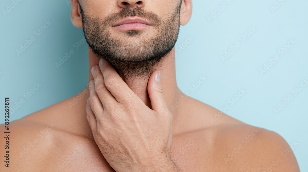 Fototapeta premium Thyroid self check by a person on a light blue backdrop close up of the endocrine system