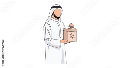 Ramadan Giving: An illustration of a person in traditional clothing, a symbol of giving. The gesture emphasizes the spirit of charity, generosity and kindness.