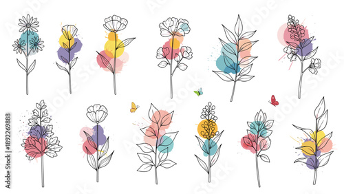 Beautiful botanical sketches are enhanced with vibrant watercolor splashes in various colors to create a modern and artistic floral set.