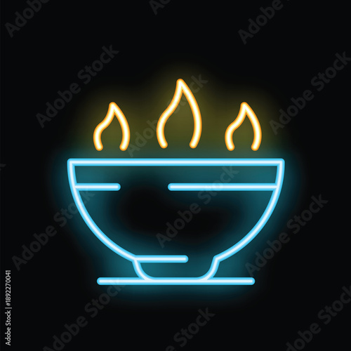 Glowing blue neon sign of a steaming hot bowl of soup on a black background