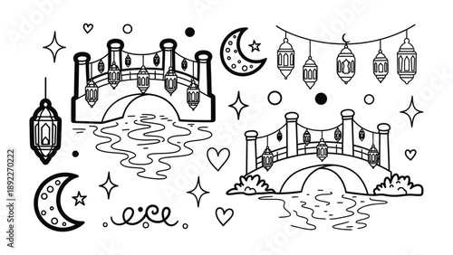 Decorative Bridge Elements: An artistic illustration features a series of ornamental bridge designs adorned with intricate details, showcasing elegant shapes, and a festive essence. 