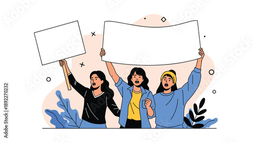 Group of women activists are illustrated holding blank signs and shouting in a powerful scene of social protest and collective action.