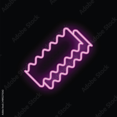 Bright pink neon sign showing lasagna pasta on a black background