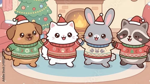 Cute Christmas Animals Illustration, Cute Christmas Animals in Cozy Holiday Scene, Cute Christmas Animals Cartoon Winter Celebration, cute christmas animals, holiday illustration, winter cartoon