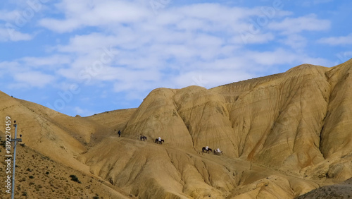 Konstfotografi Pack horses and trekkers crossing high desert hills in Mustang
