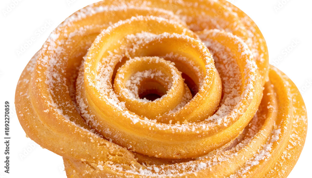Fototapeta premium Close-up of a golden pastry swirled into a rose shape, dusted with powdered sugar