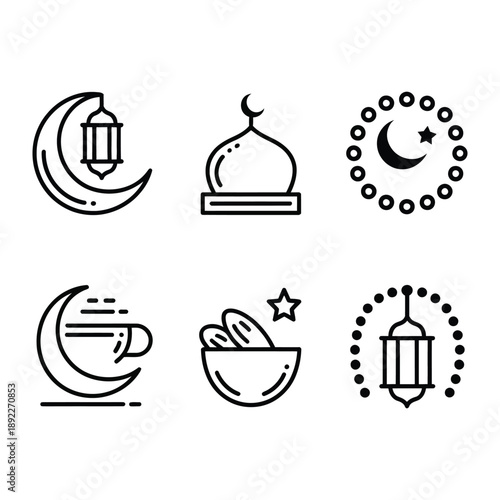Ramadan Icon Set: A collection of minimalist line art icons, each embodying the spirit and traditions of Ramadan, perfect for design needs.
