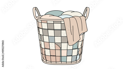 Large laundry basket woven from wire and filled to the brim with folded towels and clothes ready for house cleaning or household chores.
