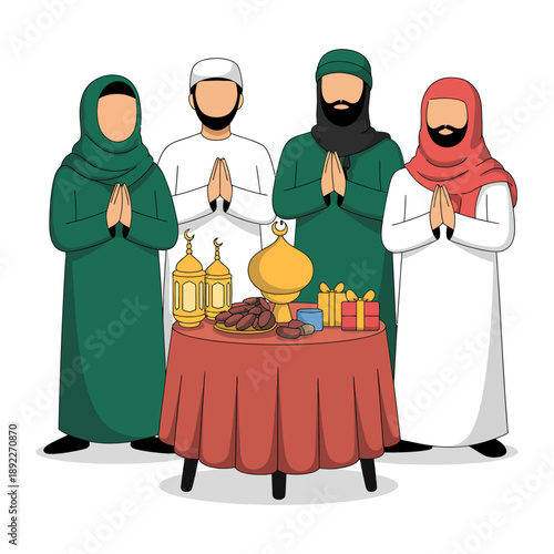 Family Gathering and Traditions: A group of individuals in traditional attire stand together around a table laden with symbolic items, representing the warmth of cultural togetherness.