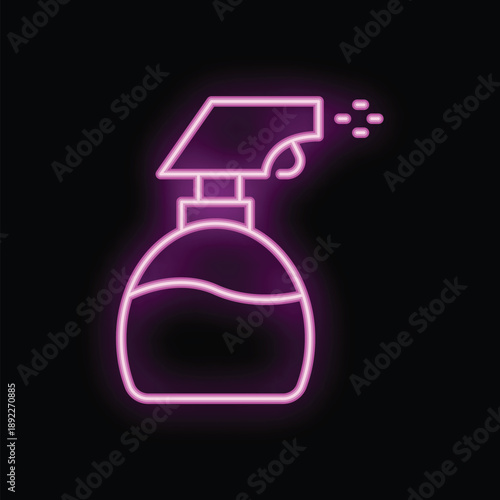 Neon sign in the shape of a spray bottle, glowing bright purple on a black background