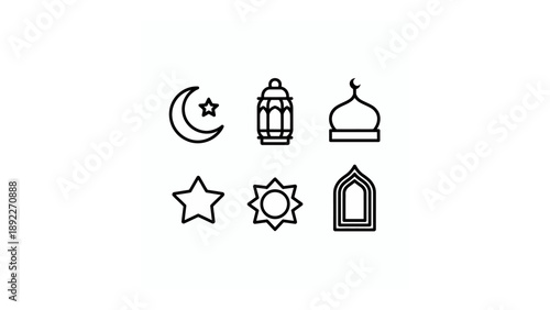 Islamic Symbols: A set of six iconic emblems representing the core tenets of Islamic faith, including the crescent moon, star, lantern, mosque dome, star and door.