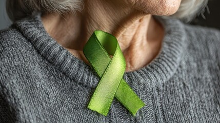 Senior with light green ribbon representing May s Celiac Awareness Lyme disease September Lymphoma Mental Health Awareness in October and World Cancer Day